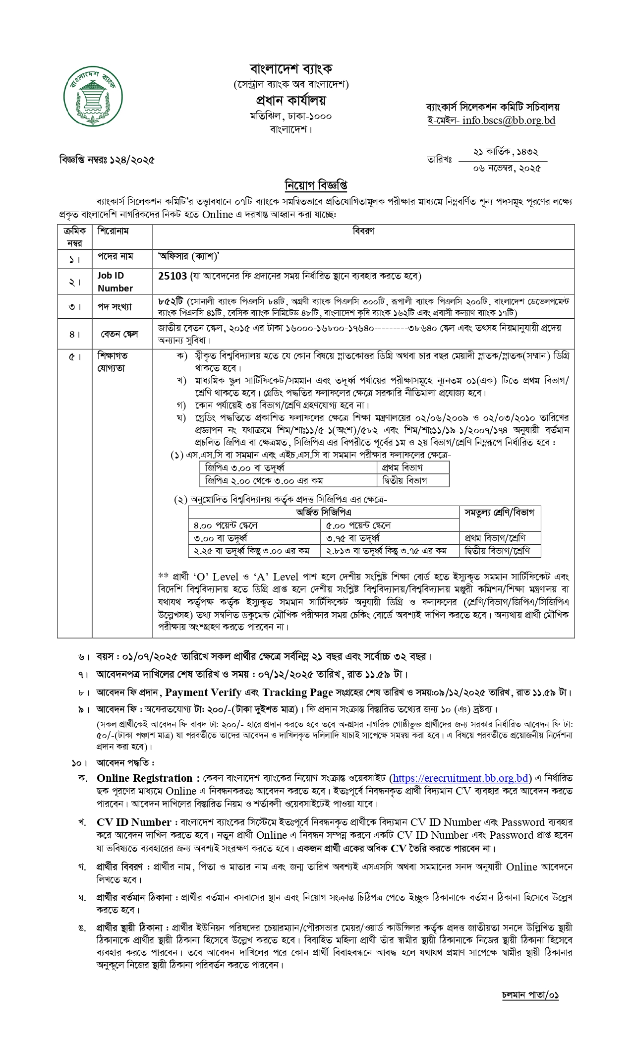 Officer Cash Job Circular 2025 Page 1